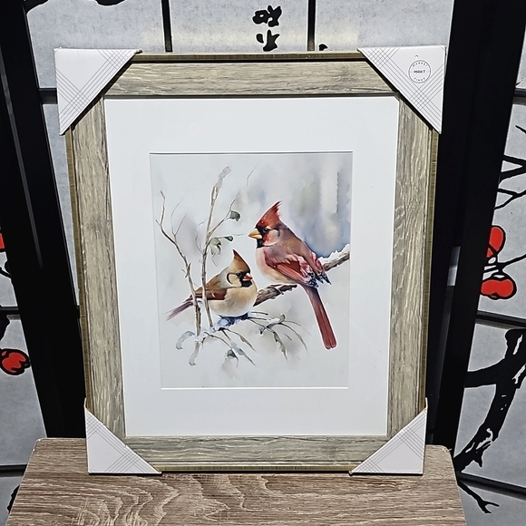 NobleCaptures Other - Wood Framed 8x10 Red Cardinal Love Birds‎ Watercolor Oil Painting